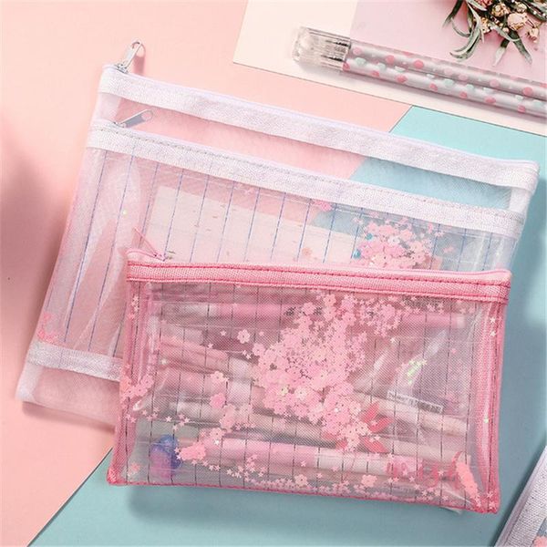 

pencil cases large capacity sequins bag mesh flow salad file pouch multi-layer pencils case storage office school stationery