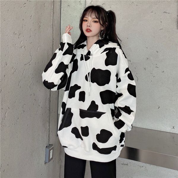 

2021 new autumn harajuku style cow spot printing loose couple casual fashion sweatshirt for men and women mlrl, Black