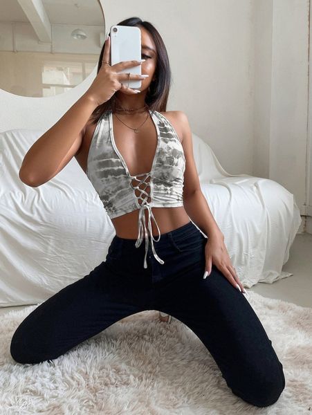 

tie dye lace up front crop halter c928#, White