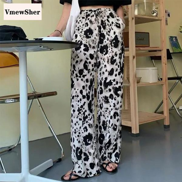 

vmewsher new autumn summer women long casual high waist pants leopard print trousers ladies pockets high street wide leg pants, Black;white