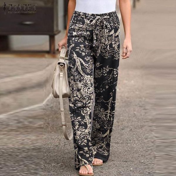 

vintage printed trousers zanzea spring women capri casual elastic waist pantalon palazzo female drawstring long turnip, Black;white