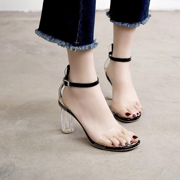 

sandals high heels 2021 summer solid color women's shoes trend fashion light spring and autumn outer wear transparent buckle, Black