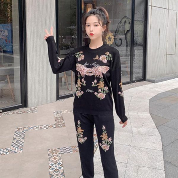

two piece dress luxury design autumn fall celebrity style runway nail bead embroidery pants suit loose blouse trouser knitting pieces set, White