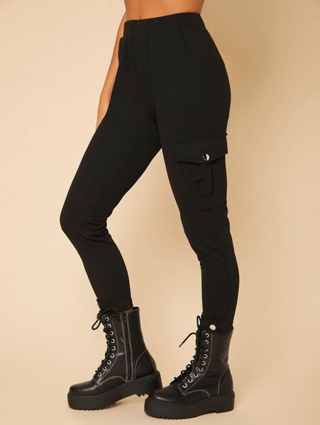 

petite elastic waist cargo cropped pants f6pq#, Black;white