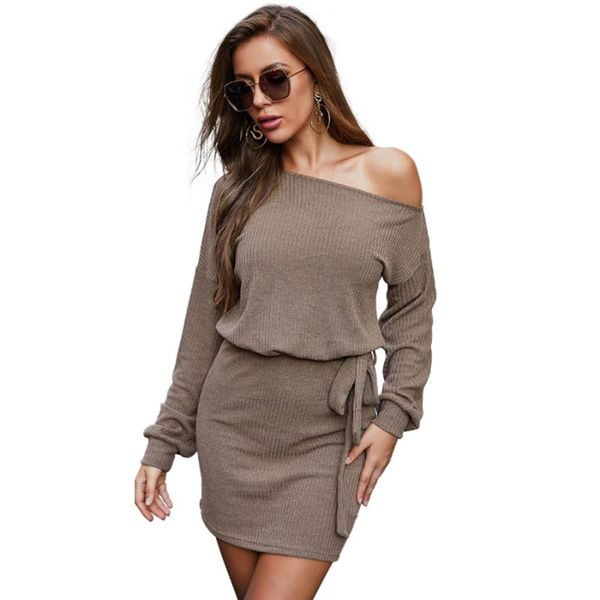 

2021 autumn spring off shoulder knitted bodycon dress women sweater dress ladies loose elegant long sleeve belt party, Black;gray