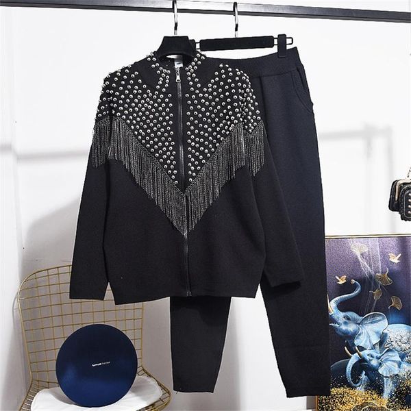 

two piece dress autumn winter women's sweater set fashion diamond tassel long sleeve knitted cardigan coat casual pants women, White