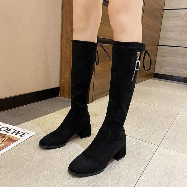 

boots fashion round toe long women pumps square heel lace up knight solid color shoes zapatillas mujer 2021 winter, Black