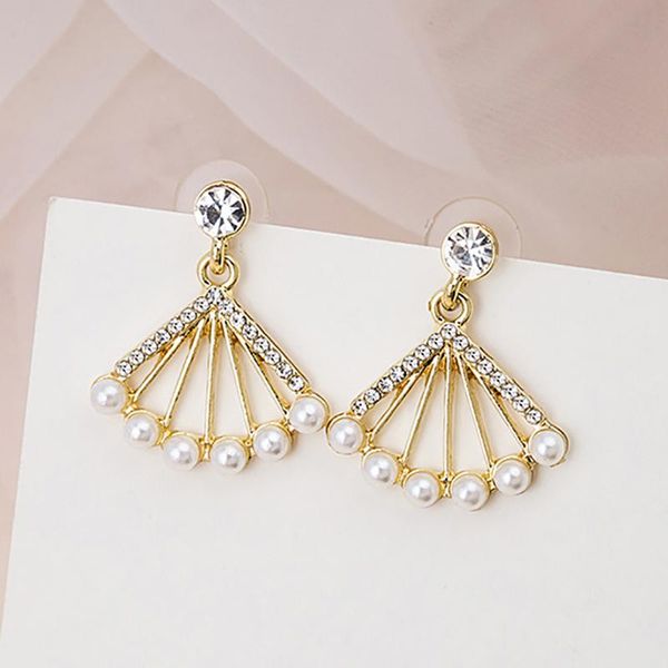 

hoop & huggie vintage japan korean earrings for women sweet imiation pearl fan shape crystal bohemia women's dangel girls jewelry, Golden;silver