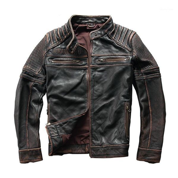 

men's leather & faux 2021 vintage brown men slim fit biker's jacket plus size xxxl genuine cowhide spring short motorcycle coat, Black