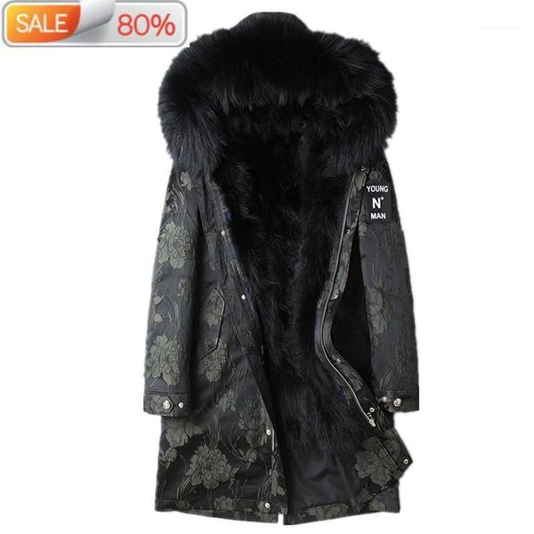 

men's leather & faux 2021 parka homme fashion winter jacket men natural raccoon fur long coat mens plus size parkas 4xl mg-70-1a01 nd14, Black