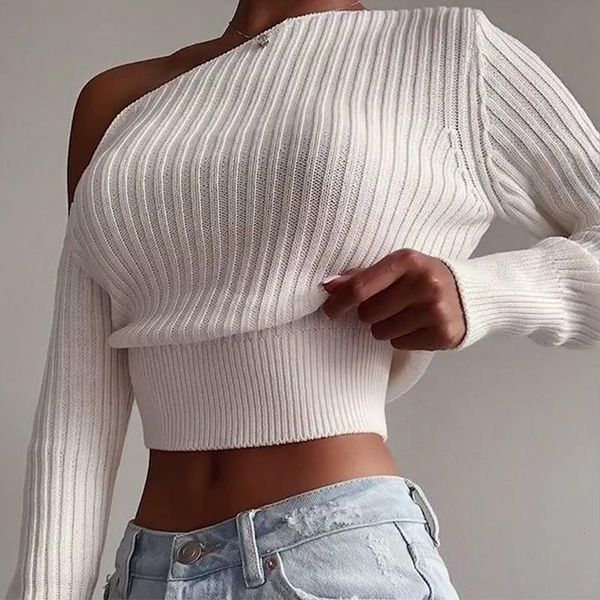 

women's sweaters wannathis knitted one shoulder sweater skinny pullover long sleeve korean fashion 2021 autumn winter thick, White;black