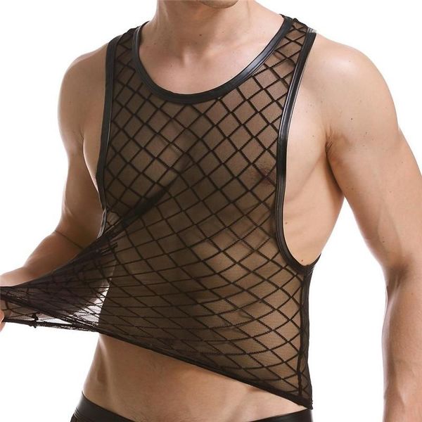

men' tank underwear stage runway show nightclub big rhombic hollow out transparent mesh vest suit hip hop spandex 2021, White;black