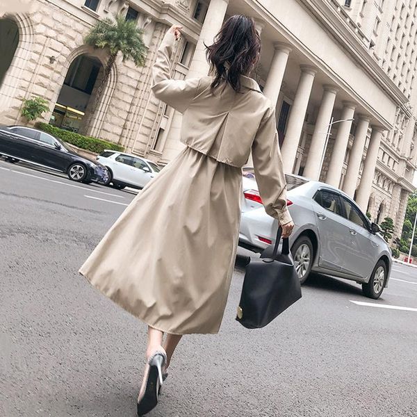 

women's trench coats autumn thin women vintage shirt long sleeve slim waist outwear windbreaker streetwear, Tan;black