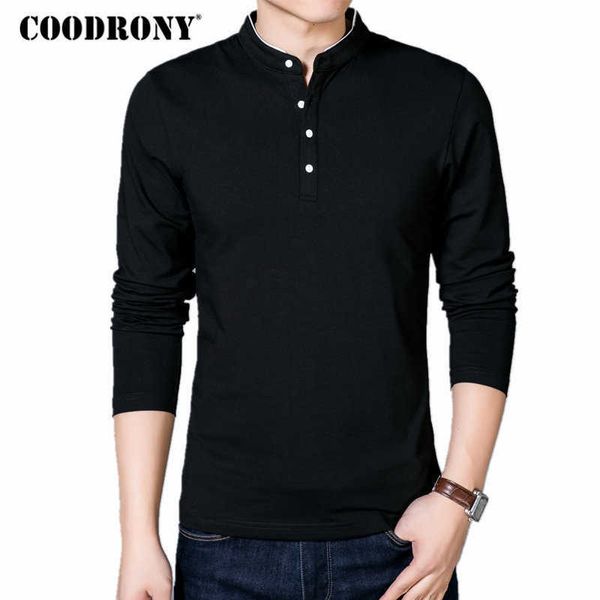 Coudrony t-shirt homens primavera outono algodão camiseta cor sólida estilo chinês mandarim coleira de manga comprida toe toe 608 210629