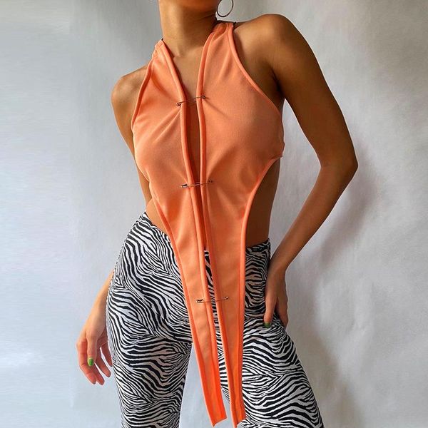 

women's tanks & camis 2021 summer sleeveless lace-up off-shoulder backless stitching irregular model pin small top, White