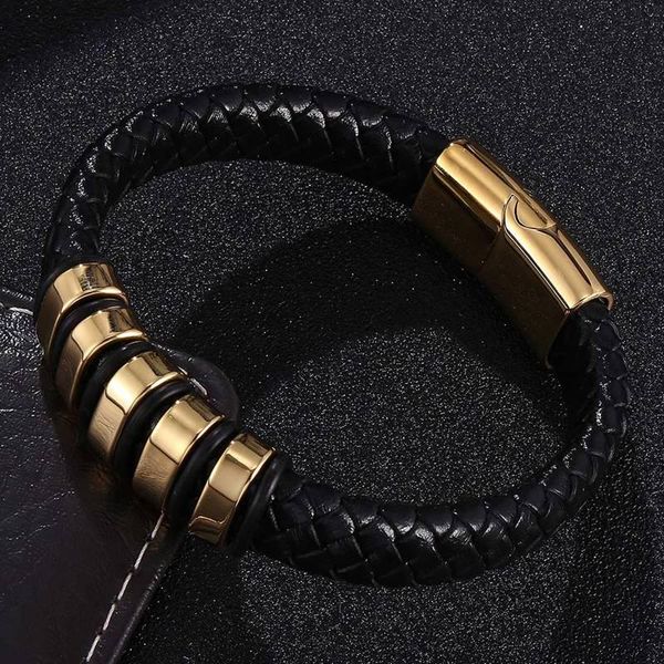 

charm bracelets punk jewelry black leather braided men gold color stainless steel magnet clasp male wristband exquisite bangles sp0776, Golden;silver
