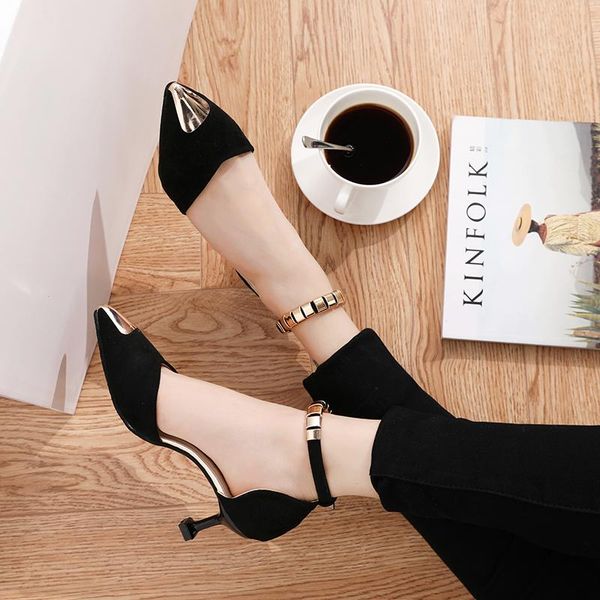 

dress shoes ladies21 high heels stiletto metal single women pointed toe hollow ankle lace-up buckle suede, Black