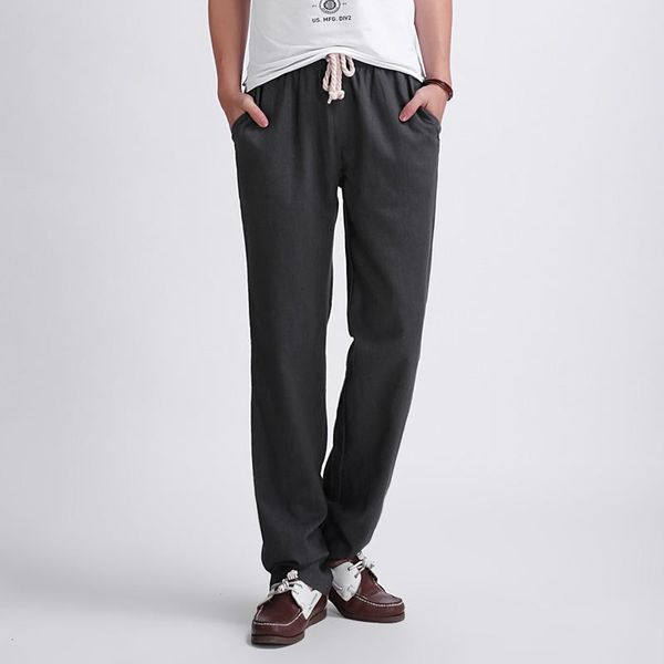 

men's pants 2021 mens nature cotton linen trousers summer casual male solid elastic waist straight loose plus size style wide, Black