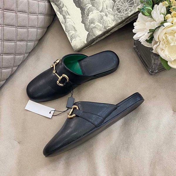 

Women's autumn slippers with round heads and flat bottoms Classic print pattern horseshoe buckle decoration casual shoes soft leather, Black