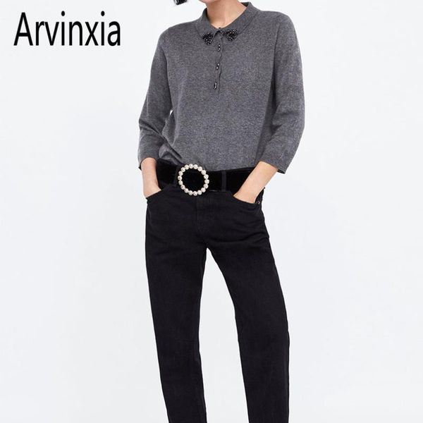 

women's sweaters arvinxia fashion solid appliques turn-down collar woman computer knitted lady pollovers chic long sleeves shirts, White;black