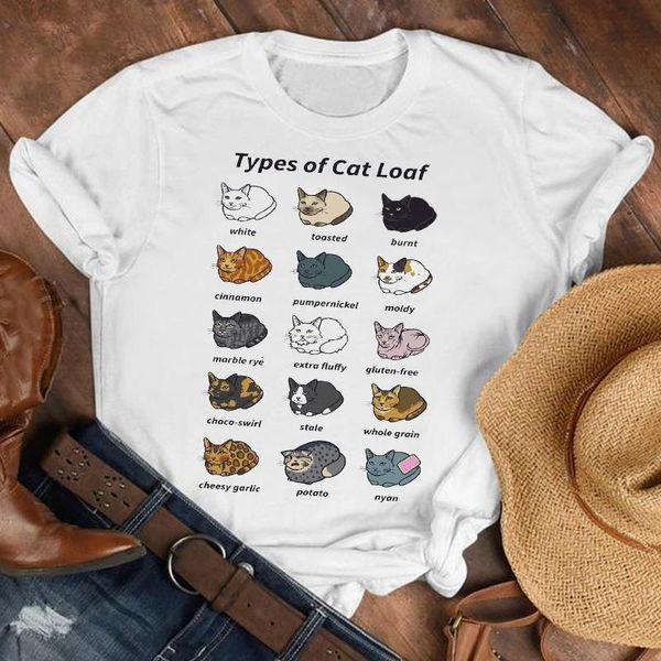 

women lady cat pet funny kawaii casual 90s style cartoon shirt clothes tshirt tee womens female print t graphic t-shirt, White
