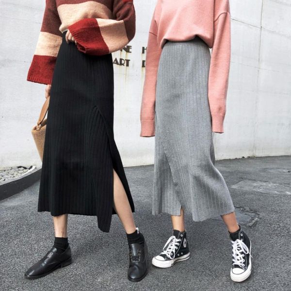 

skirts 2021 autumn winter skirt women all-match split high waist knitted black gray solid color street midi falda mujer