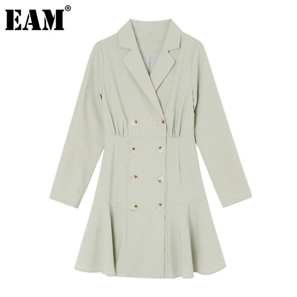

casual dresses [eam] women green pleated split temperament dress lapel long sleeve loose fit fashion tide spring autumn 2021 1da371, Black;gray
