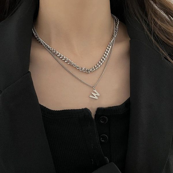 

chains w letter necklace for women 2021 vintage style multilayer choker men's neck long charms punk jewlery wholesale, Silver