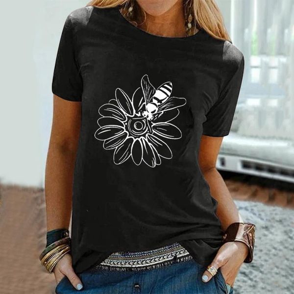 

women's t-shirt flower bee print oversized female casual tshirt loose t-shirts women 2021 short sleeve tees harajuku tee shirt, White