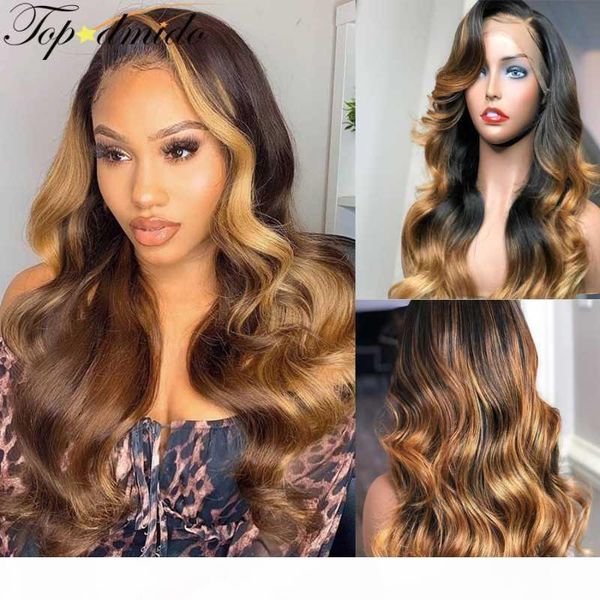 

dmido 13x6 colored brown honey blonde transparent lace front wig 180 density long body wave human hair wigs, Black;brown