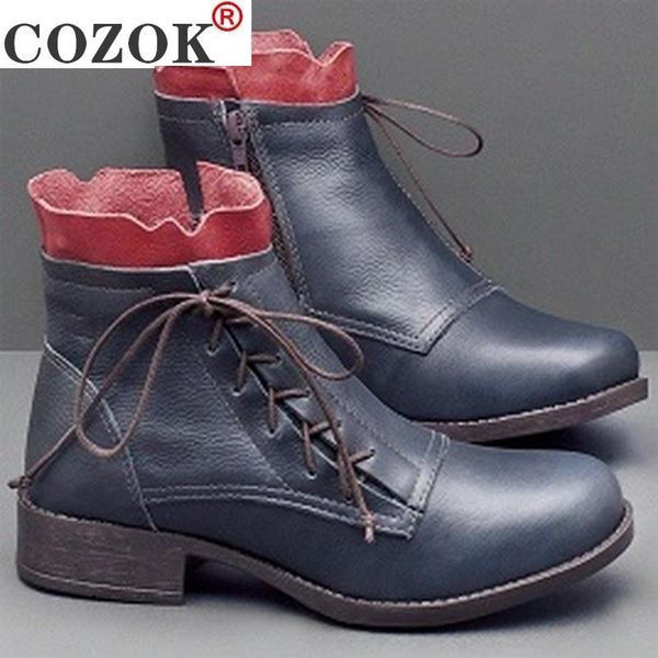 

boots 2021 women lace-up ankle autumn winter square med heel ladies shoes big size vintage round toe pu botas mujer, Black