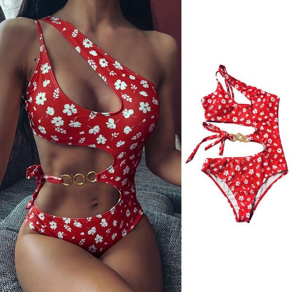 

women one-piece bikini little floral print irregular cutout monokini one shoulder metal chain bowknot swimsuit