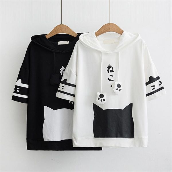

spring summer new women's loose hoodies large size cute cartoon cat pullovers women hooded short sleeve casual, Black