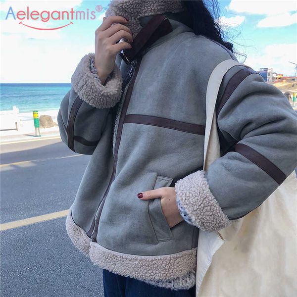 Aelegsntmis Giacca da motociclista in lana d'agnello in pelle scamosciata finta Donna Allentata Casual Cappotti coreani spessi Inverno Cerniere calde Patchwork 210607