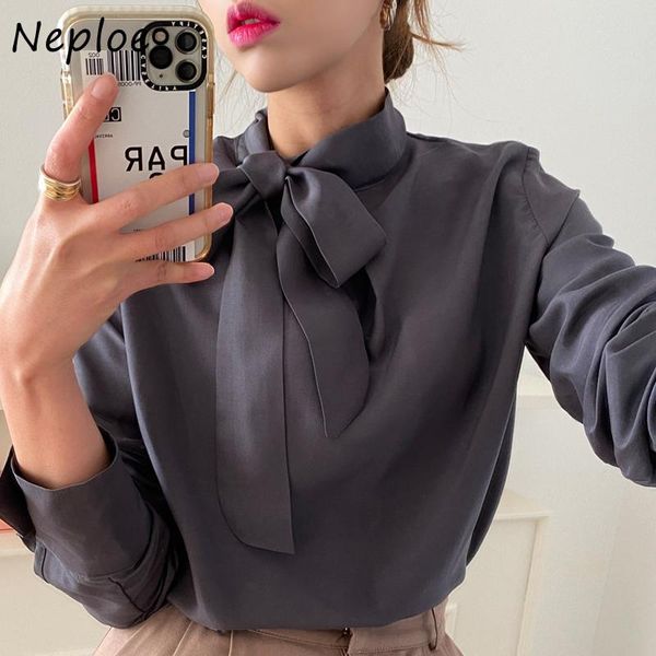 

neploe chic stand collar bow drawstring design shirts casual loose solid color femme blusas elegant all-match women blouse, White