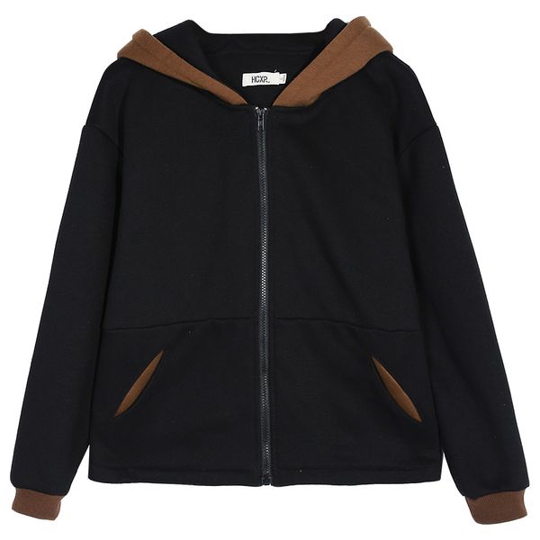 

2021 new female autumn sews cardigan casual solid color plus velvet long sleeve jacket with hoodie 5caf, Black;brown