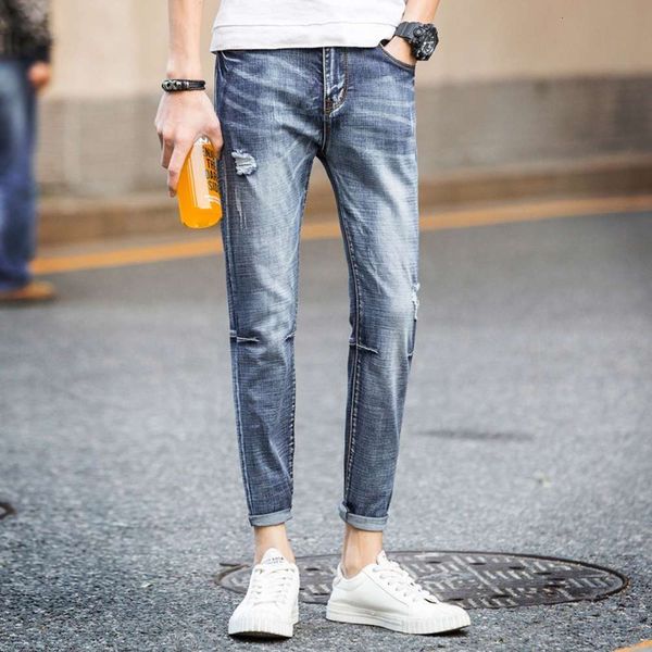 

new spring and summer stretch nine point jeans men's korean trend slim casual youth pants 9winter, Blue