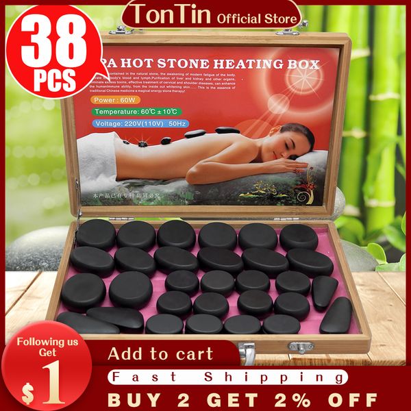 

tontin 38pcs/set body massage stone stone with 220v/110v bamboo heating box relieve stress back pain health care