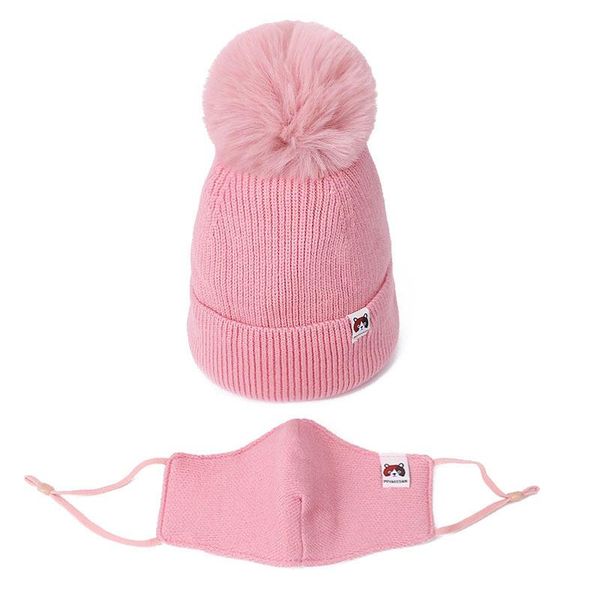 

beanies autumn and winter children's cold proof plush brimless hat mask solid color hair ball cute warm knitted two piece set