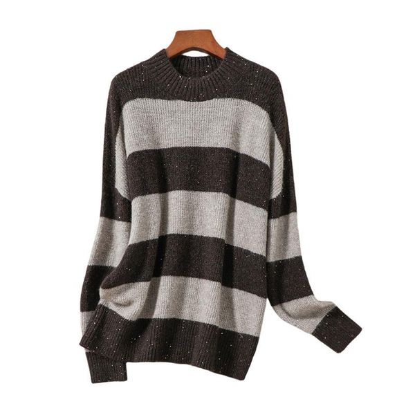 

shuchan sequined vintage women winter sweater clothes o-neck striped sweater womens knit pullover autumn, White;black