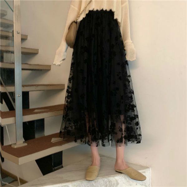 

floral printing tulle fashion female high waist of mesh plied length elastic skirt c1 fbec, Black