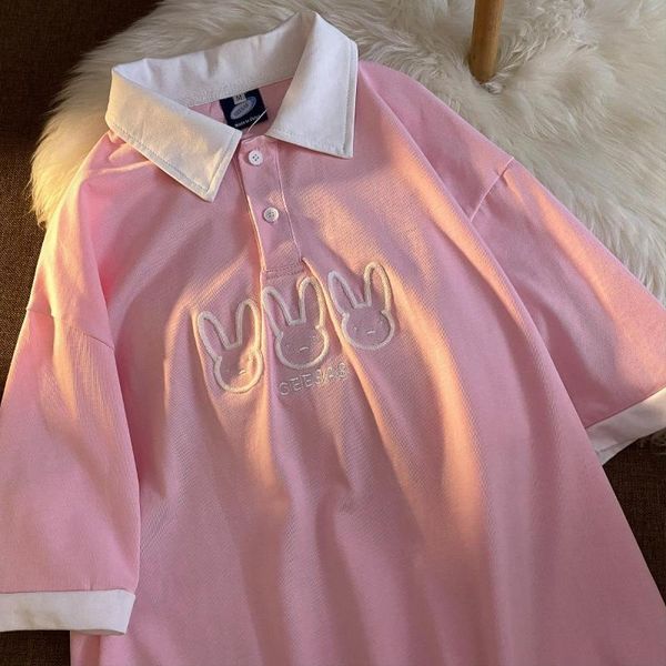 

women's t-shirt neresum loose shirt pink lapel retro embroidery salt original suzuki style half sleeve, White