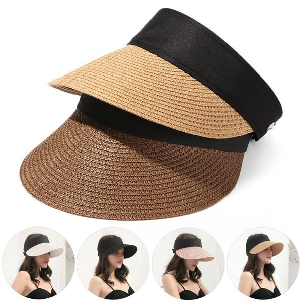 

wide brim hats summer empty suncap portable foldable magic tape roll-up beach hat women sun fashion casual straw cap visors, Blue;gray