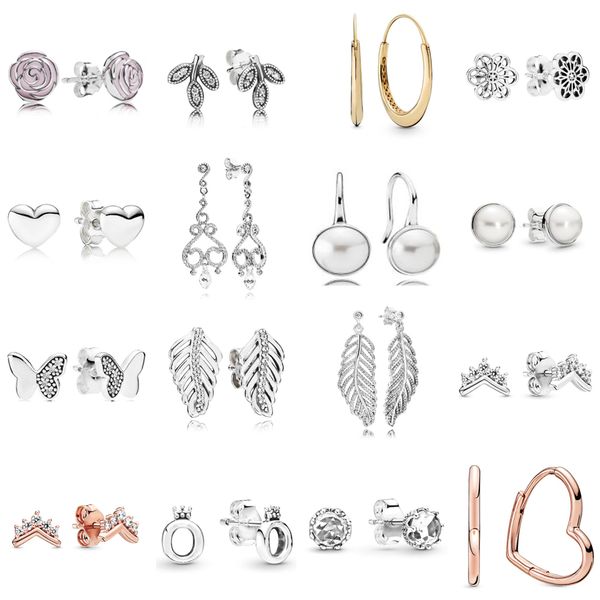 2021 Novo 100% 925 Sterling Silver290554en40 Cor-de-rosa Enamel Rose Garden Brincos Clear Cz Studs Coração Ear Charme Pandora Beads Fit Fit