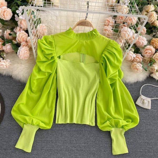 

european pleated blouse stand collar hollowed out breast bottoming shirt all-match slim fit puff sleeve female blusa pl577, White