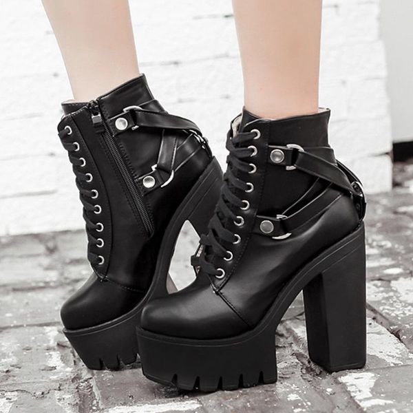 

boots fashion black women heel spring autumn lace-up soft leather platform shoes woman party ankle high heels punk botas