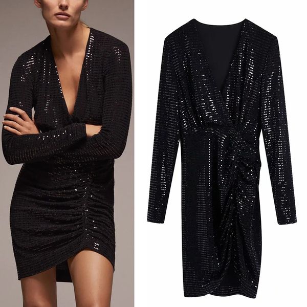 

New Black 2021 Draped Glitter Women v Neck Long Sleeve Ruched Shein Mini Dresses Ladies Vintage Slim Sexy Party Dress Yxe6 Y8GT, Black;gray