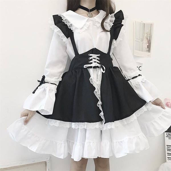Novo preto e branco estilo gótico empregada traje lolita vestido bonito traje japonês westidos de fiesta de noc vestido de festa vestidos 210309