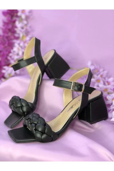 

sandals women's mesh strappy stubby toe heels, Black