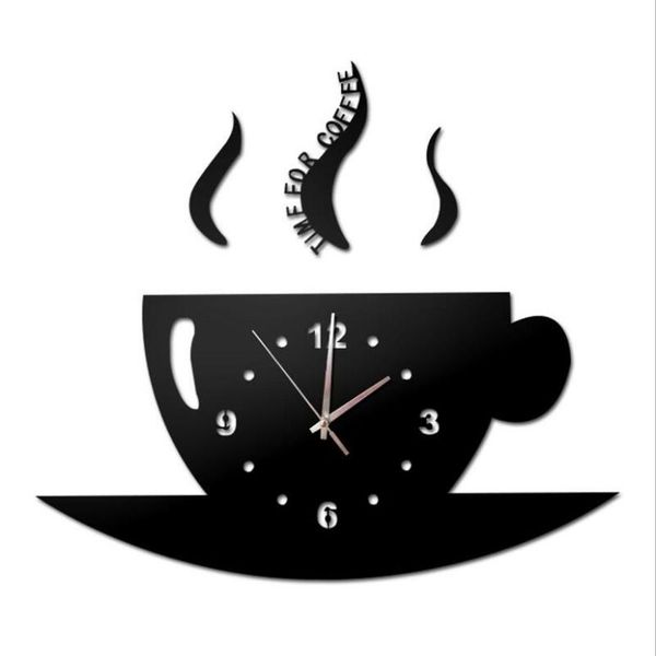 

home decoration3d modern design mirror wall clock coffee cup silent new home clock self-adhesive quartz sticker kitchen klok